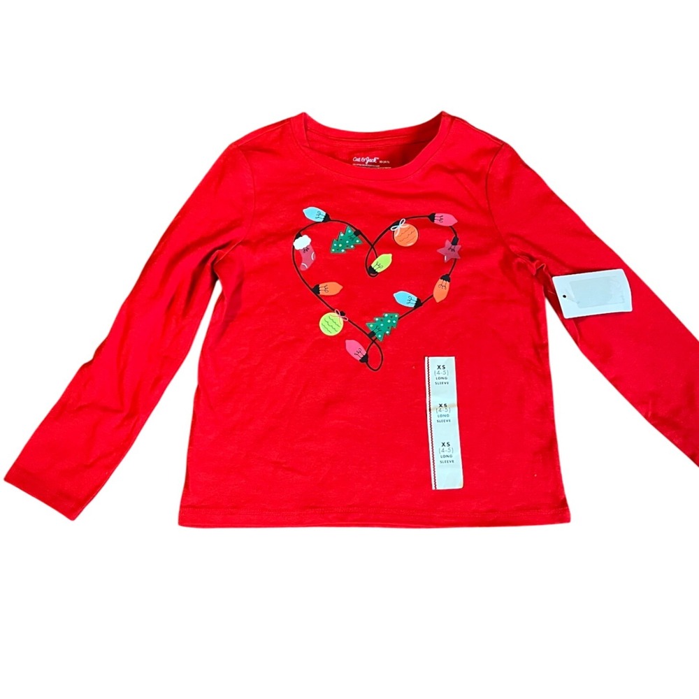 Cat‎ Jack Kids Girls Red Long Sleeve Christmas Lights Heart Shirt Size XS 4-5